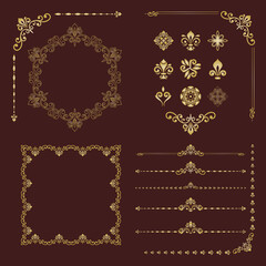 Vintage set of vector horizontal, square and round elements. Elements for backgrounds, frames and monograms. Classic brown and golden patterns. Set of vintage patterns