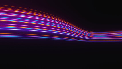 3d render of flash neon and light glowing on dark scene. Speed light moving lines.