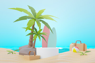 3d render Summer sale podium stand for showing product. Beach Vacations Scene in Summer for mock up.