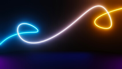 3d render of flash neon and light glowing on dark scene. Speed light moving lines.
