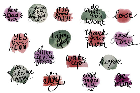 mega set of  hand lettering lettering about family,thank you and birthday on photo overlay, greeting cards, wall art print, calligraphy vector illustration big collection on watercolor background.