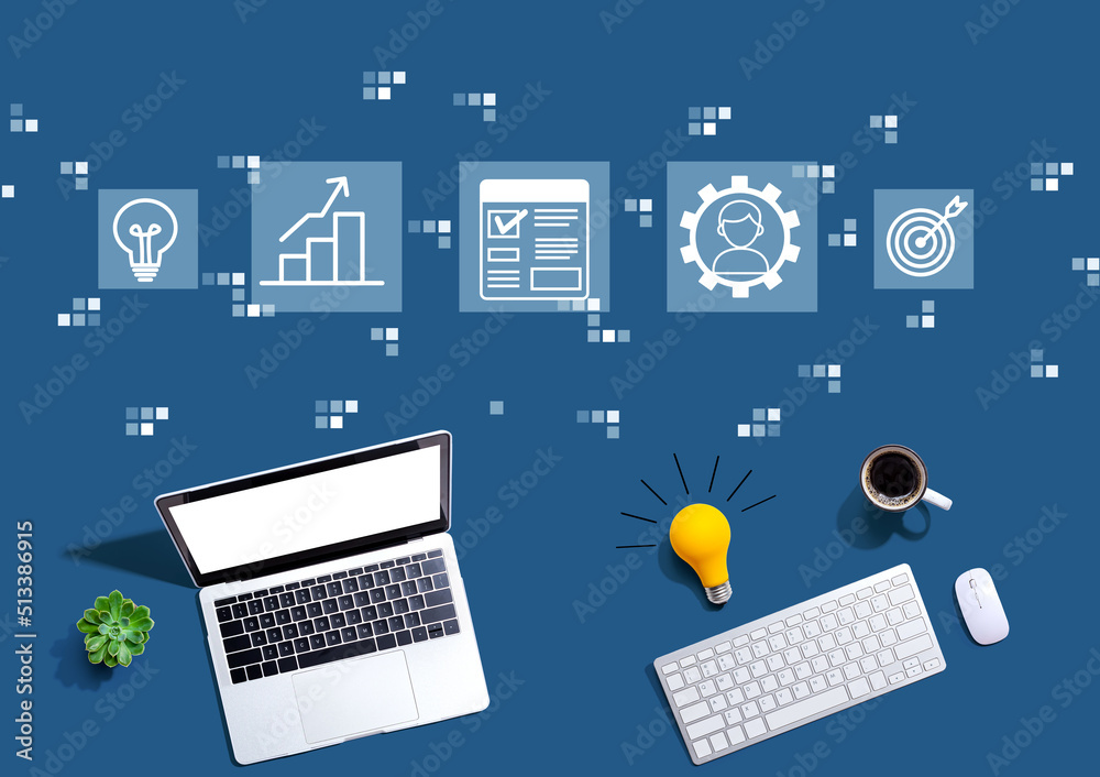 Poster project management theme with computers with a light bulb from above