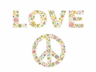 Pacific and word Love of doodle flowers and leaves. Hippie word LOVE. Isolated