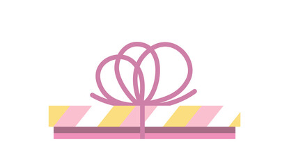 Gift box. Striped pink present box with rosy bow. Flat, cartoon, vector