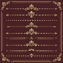 Vintage set of decorative golden elements. Horizontal separators in the frame. Collection of different ornaments. Classic golden patterns. Set of vintage patterns