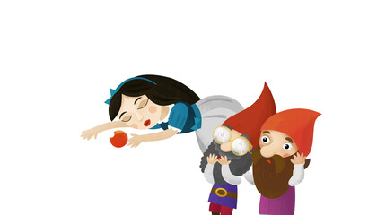 Obraz na płótnie Canvas cartoon scene with sleeping princess and dwarfs on white background illustration
