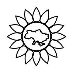 Fototapeta premium Sunflower on a white background with a map of Ukraine in the middle. The sunflower flower has become the official symbol of the Day of Remembrance of the Defenders of Ukraine. Print coloring. 