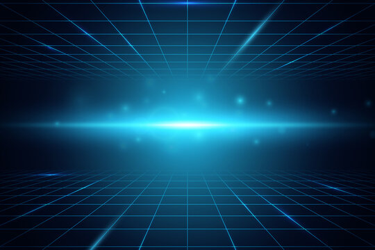 Perspective grid background. Wireframe landscape. Blue grid with particles stars dust and flare