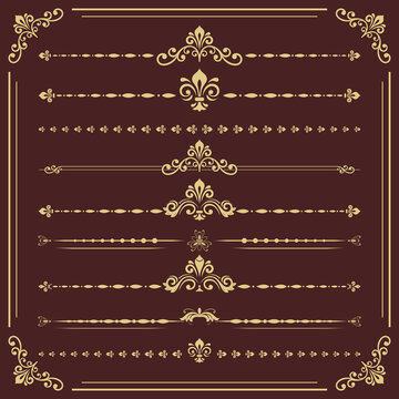 Vintage set of decorative golden elements. Horizontal separators in the frame. Collection of different ornaments. Classic golden patterns. Set of vintage patterns
