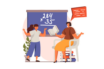School teacher web concept in flat design. Teacher checks student homework. Schoolgirl answers question standing at blackboard. Education and gain knowledge. Vector illustration with people scene