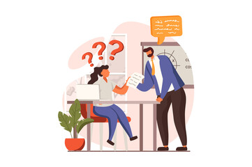 School teacher web concept in flat design. Man tutor helps schoolgirl with lesson and answers her questions. Student is studying. Education and gain knowledge. Vector illustration with people scene