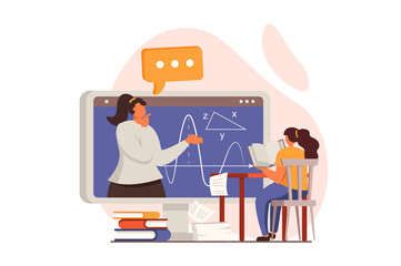 School teacher web concept in flat design. Schoolgirl reads book and watches video lecture. Teacher explains in online webinar. Education and gain knowledge. Vector illustration with people scene