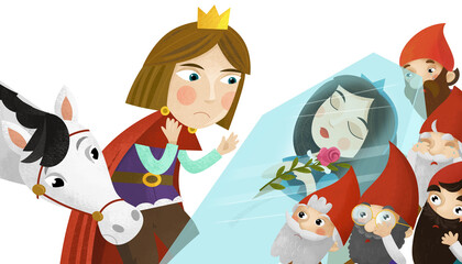 cartoon scene with prince and princess magical sleeping and dwarfs illustration © honeyflavour