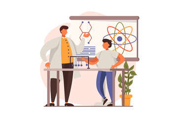School teacher web concept in flat design. Man making experiment with laboratory equipment at physics lesson. Schoolboy is studying. Education and gain knowledge. Vector illustration with people scene
