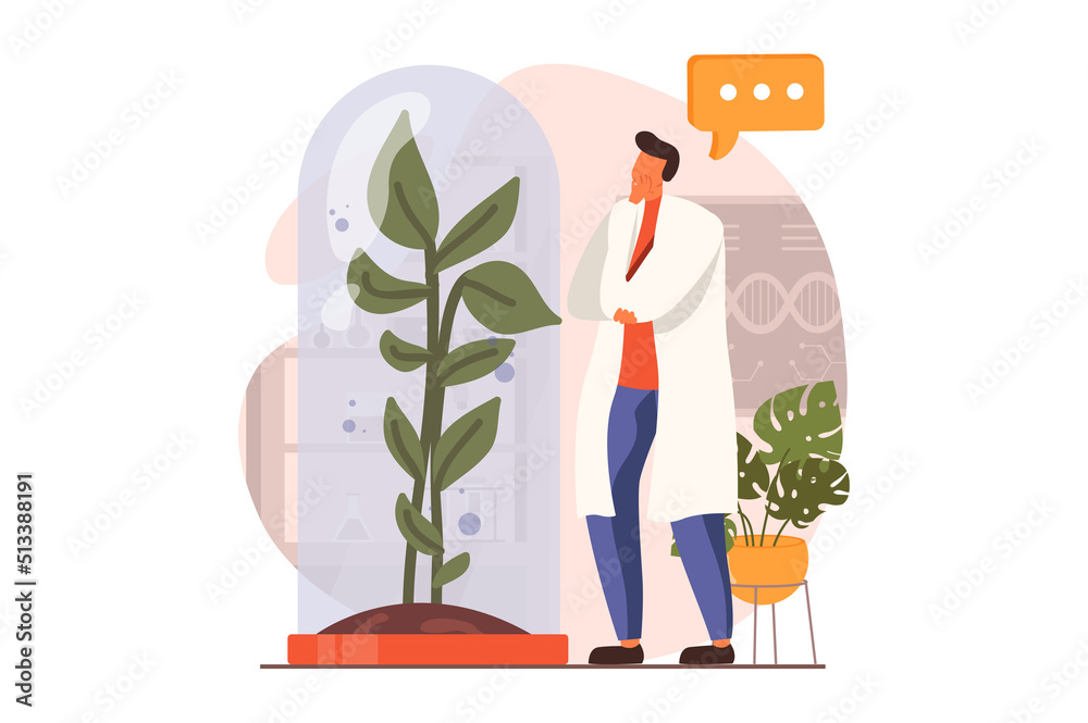 Poster science laboratory web concept in flat design. man scientist is examining huge plant in lab. biologi
