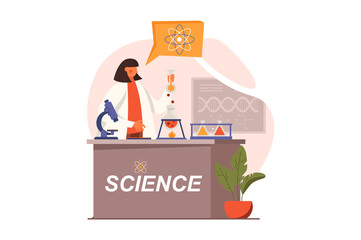 Science laboratory web concept in flat design. Woman scientist making test on lab equipment. Researcher examines liquids in test tubes. Chemistry and physics. Vector illustration with people scene