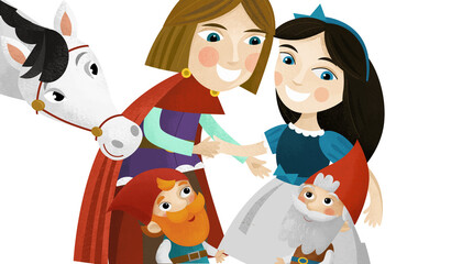 cartoon scene with prince and princess and dwarfs illustration