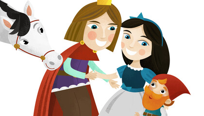cartoon scene with prince and princess and dwarfs illustration © honeyflavour