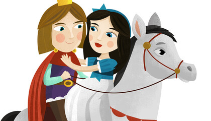 cartoon scene with prince and princess on horse and dwarfs illustration © honeyflavour