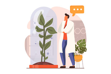 Science laboratory web concept in flat design. Man scientist is examining huge plant in lab. Biologist doing biotechnology research and agriculture engineering. Vector illustration with people scene - obrazy, fototapety, plakaty