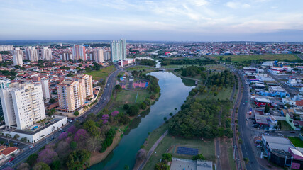 Indaiatuba Ecological Park. Beautiful park in the city center, with lake and beautiful trees and houses. Aerial view