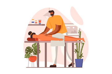 Spa salon web concept in flat design. Professional masseur does manual therapy to patient. Woman lying on couch and getting back massage in cosmetology clinic. Vector illustration with people scene