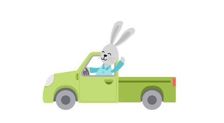 Rabbit on pickup. Jolly rabbit in green wagon. Bunny. Flat, cartoon, isolated