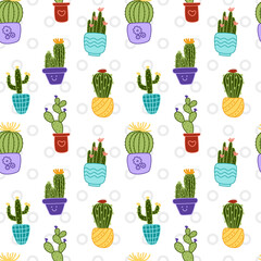 Cactus seamless pattern. Cacti. Flowering plants. Doodle, cartoon, vector