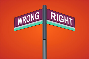 Wrong on one side with Right another direction, chrome road sign, with read and green direction arrow labels, Halloween Orange Background.