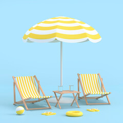 Summer background, beach accessories on the sand. Concept on the theme of tourism, holidays, vacation. 3d rendering