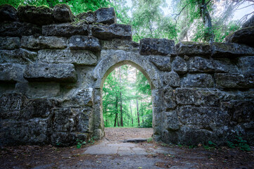 ancient archway with late springtime forest in background