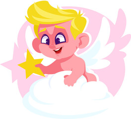 A little angel with white wings sits on a cloud and holds a star in his hand. Stock vector illustration