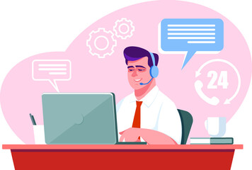 Fototapeta na wymiar A man works in a call center. The concept of helping people over the phone and online. Stock vector illustration.