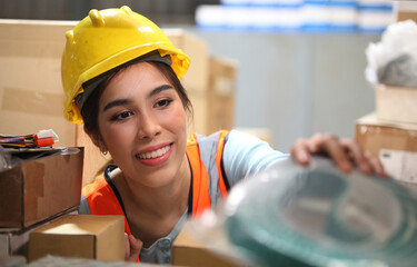 Young smiling woman worker and vest checking box in stock in factory warehouse, Working at warehouse. International export business concept
