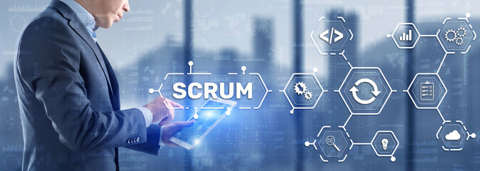 SCRUM. Hand presses the inscription scrum on a virtual panel. Agile development methodology - obrazy, fototapety, plakaty