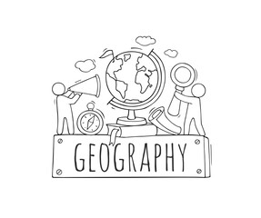 School illustration with globe, books and little people