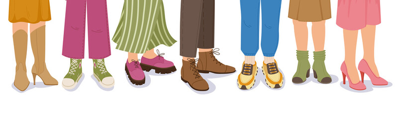 Cartoon legs wearing shoes, casual boots, leather loafers and sneakers. People in trendy male and female shoes outfits vector illustration. Fashion footwear collection