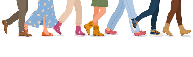 Cartoon legs in trendy shoes, boots, sneakers and sandals. Cartoon casual male and female footwear vector concept illustration. People walk in modern footwear