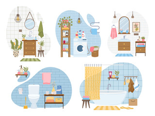 Cartoon bathroom and washroom interiors, modern bathroom with bathtub and toilet. Cosy bathroom, shower, wash basin and plants vector illustrations set. Scandinavian bathroom scenes