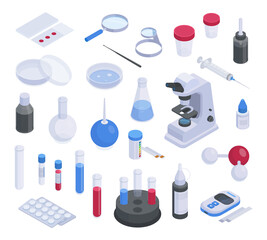 Isometric medical laboratory elements, microscope, magnifying glass and test tubes. Laboratory scientific research vector symbols illustration set. Chemical lab equipment