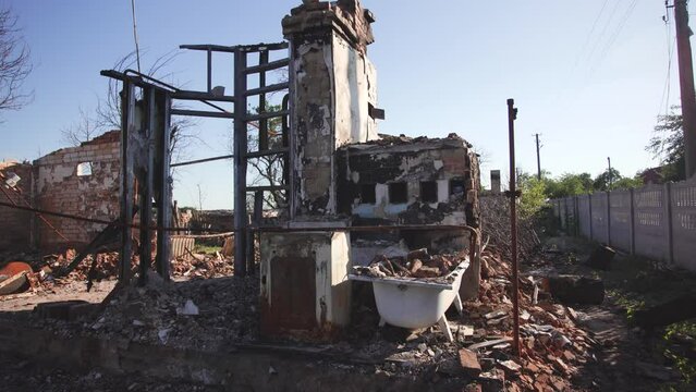 Damaged civil house in ukrainian city Chernihiv near Kyiv on north of Ukraine. Video of ruins during War of Russia against Ukraine Remains of ruined building after aircraft troops or artilllery attack