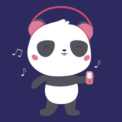 Cute cartoon kawaii panda with headphones and music player. Flat style vector illustration.