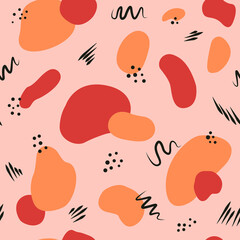Seamless pattern with bright abstract geometric shapes flat style, vector illustration on beige background. Black lines and dots, orange and red shapes, decorative wrapping ornament