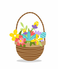 Fototapeta na wymiar Colorful flower woven basket. Wicker spring or summer floral basket. Flat, cartoon, isolated