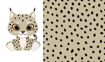 Cute lynx and skin seamless pattern background. Vector illustration with wild animal in childish cartoon flat style.