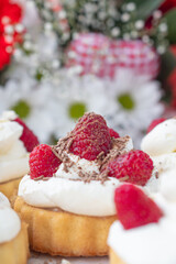 Raspberry biscuit and cream dessert, sweet dessert with raspberries, cake, brownie