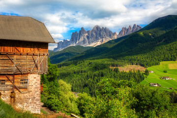 View of Beautiful Val di Funes, from Near San Pietro, with Sass Rigais and the Geisler Group, Dolomites, Italy