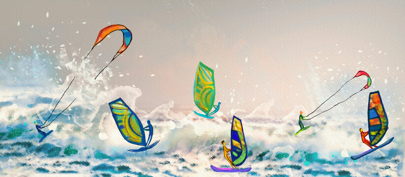 Sea waves. Extereme Sport. Watercolor design background