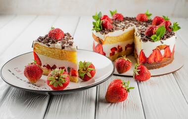Homemade cooked summer cake with strawberries