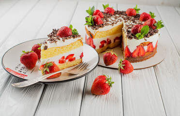 Homemade cooked summer cake with strawberries